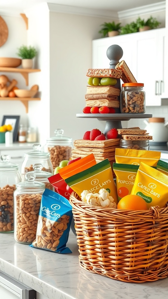 Organized kitchen counter with jars of nuts, a tiered tray of snacks, and a basket of chips.